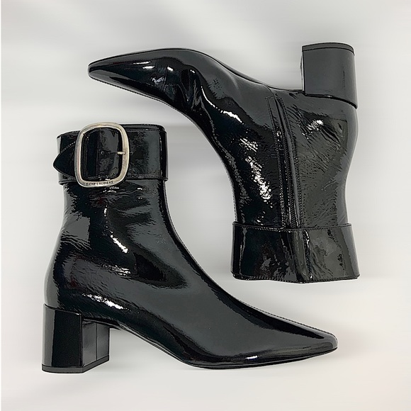 SAINT LAURENT Joplin Buckled Patent-Leather Ankle Boots Size 39/ US 8 - Picture 4 of 14
